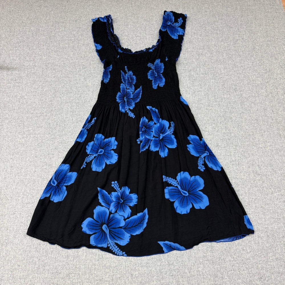 Favant Hawaii Smocked Dress One Size Black Blue Hibiscus Floral Ruffle Tropical